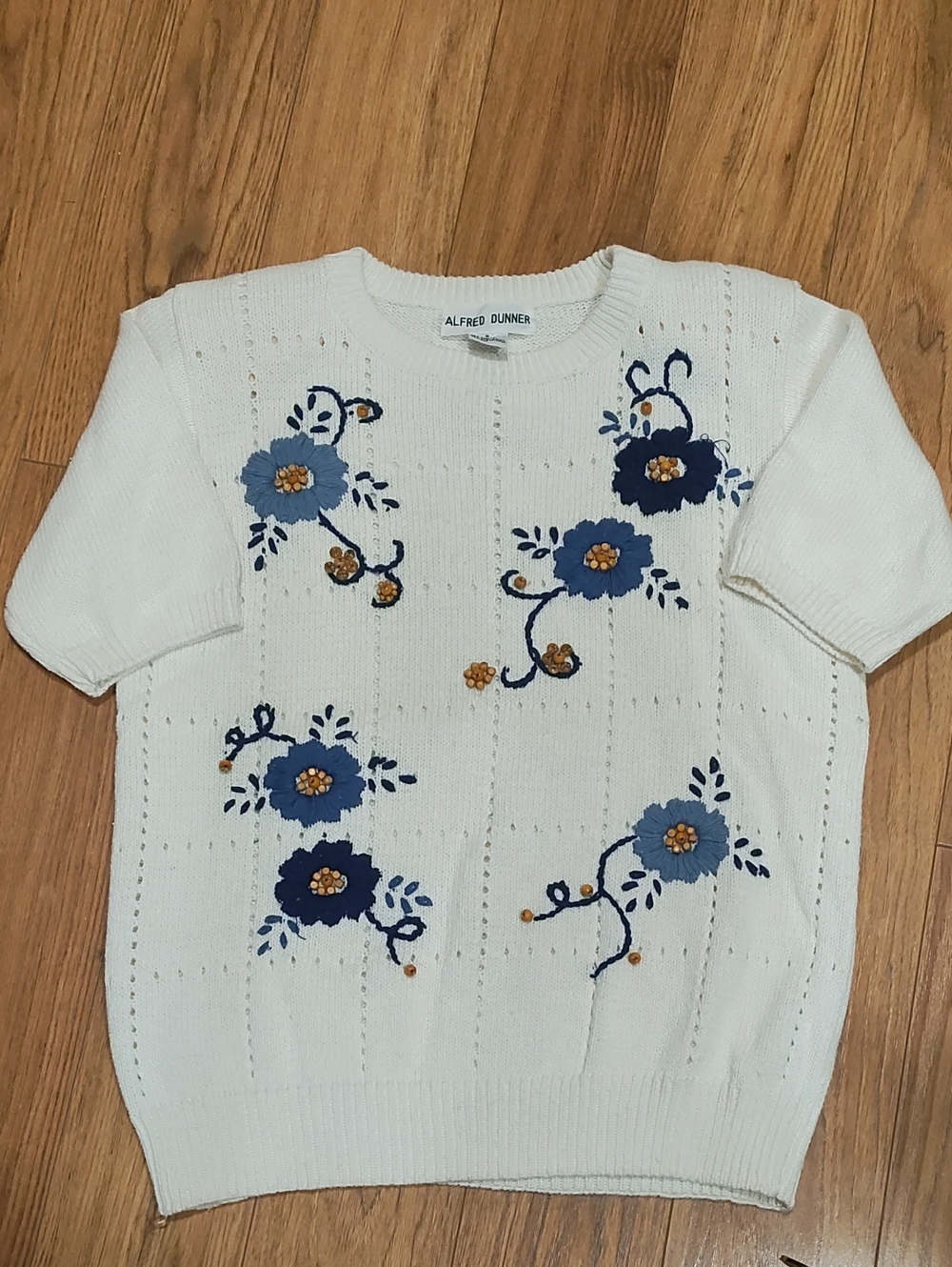 Alfred Dunner Cream Short-Sleeve Sweater with Blue Floral Embroidery